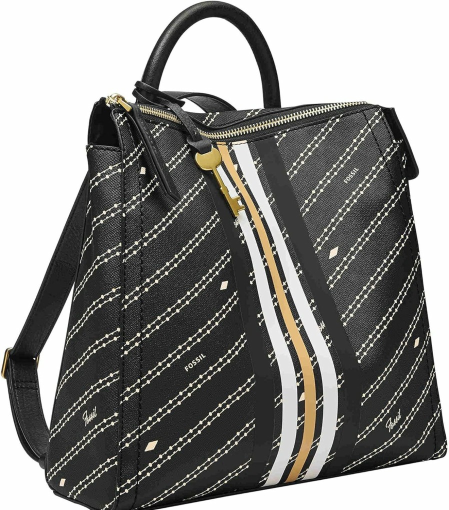 Backpack Handbags | Fossil Fossil Women'S Parker Faux Leather Convertible Small Backpack Purse Handbag, Black/Brown Signature Print