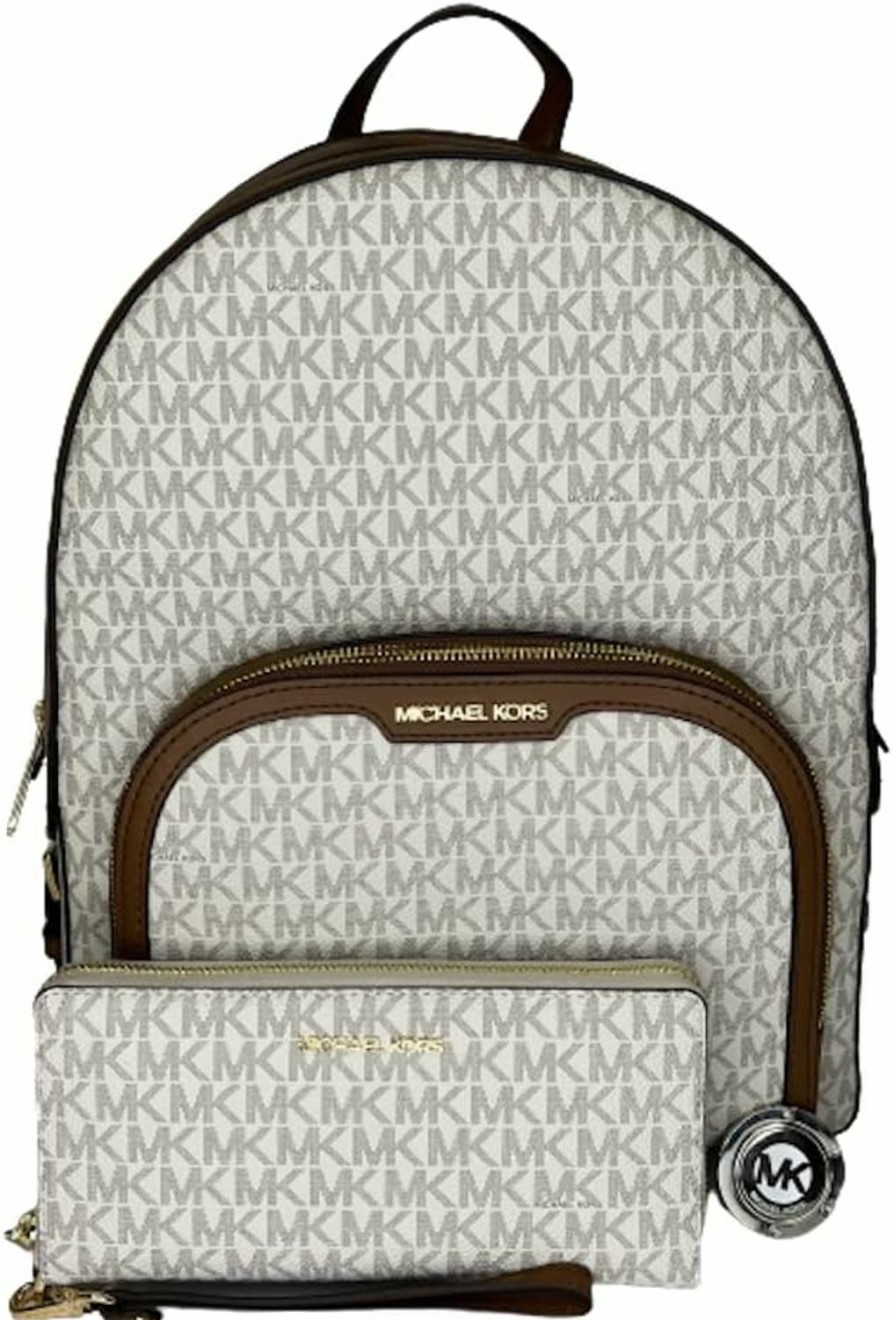 Backpack Handbags | Michael Kors Michael Kors Michael Michael Kors Jaycee Large Zip Pocket Backpack Bundled With Large Continental Wallet/Wristlet Purse Hook (Signature Mk Vanilla)