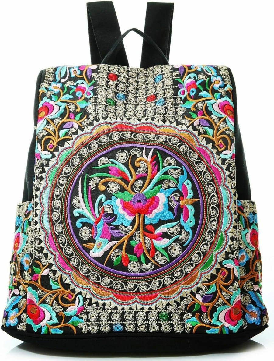 Backpack Handbags | Jursccu Glitter Embroidery Women Backpack Purse, Fashion Canvas Travel Anti-Theft Rucksack Shoulder Bag (Black)