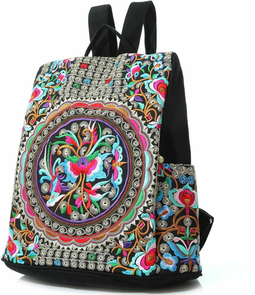 Backpack Handbags | Jursccu Glitter Embroidery Women Backpack Purse, Fashion Canvas Travel Anti-Theft Rucksack Shoulder Bag (Black)