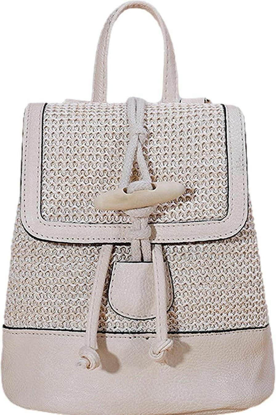 Backpack Handbags | Anopo Anopo Small Straw Backpack For Women Summer Handmade Woven Beach Bag Bookbag Daypack Wicker Purse Bohomian Drawstring Shoulder Bag-I Square Buckle-Khaki