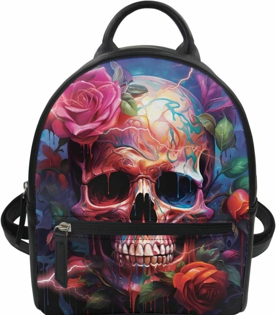 Backpack Handbags | Amzbeauty Amzbeauty Skull Rose Print Mini Backpack For Women Cute Leather Designer Shoulder Bag Small Daypack