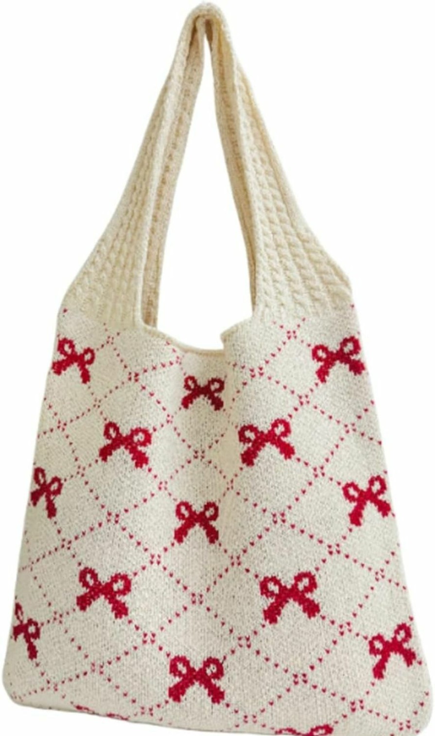 Backpack Handbags | Pokn Pokn Crochet Tote Bag Heart Tote Cutecore Key Chain Cute Tote Bag Y2K Accessories Shoulder Bag Heart Bag Hobo Bag Y2K Knit (Bowknot-Red)