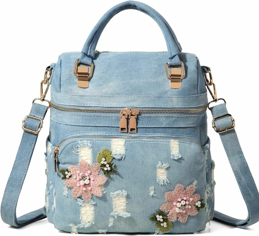 Backpack Handbags | YeFine Yefine Washed Denim Backpack For Women Y2K Purses Ladies Daypack Casual Floral Embroidered Blue Jean Shoulder Bags (Dark Blue)