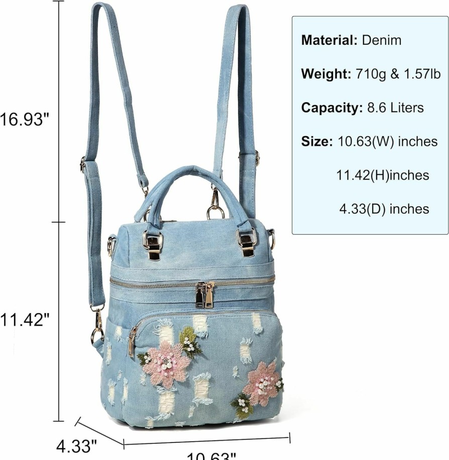 Backpack Handbags | YeFine Yefine Washed Denim Backpack For Women Y2K Purses Ladies Daypack Casual Floral Embroidered Blue Jean Shoulder Bags (Dark Blue)